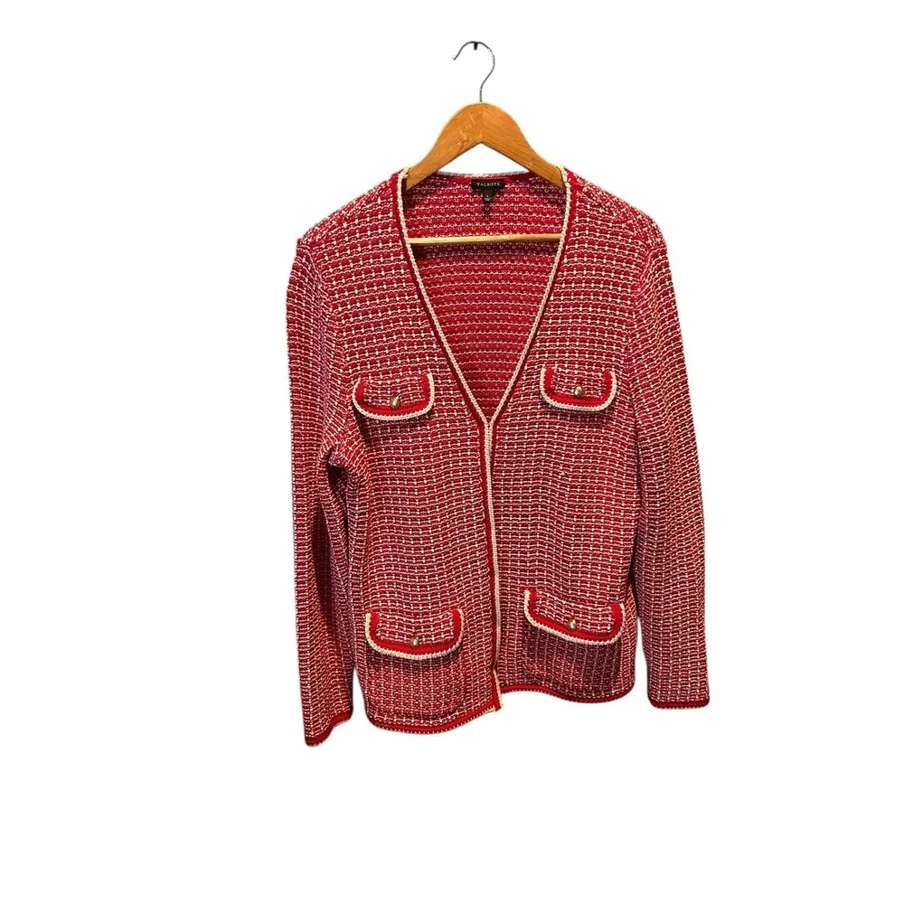 Talbots  Tipped Tweed‎ Knit Sweater Cardigan  Jacket Sz Large L Red Gold Button